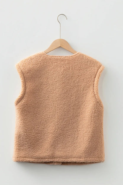 Beige Button Fuzzy Pocket Vest