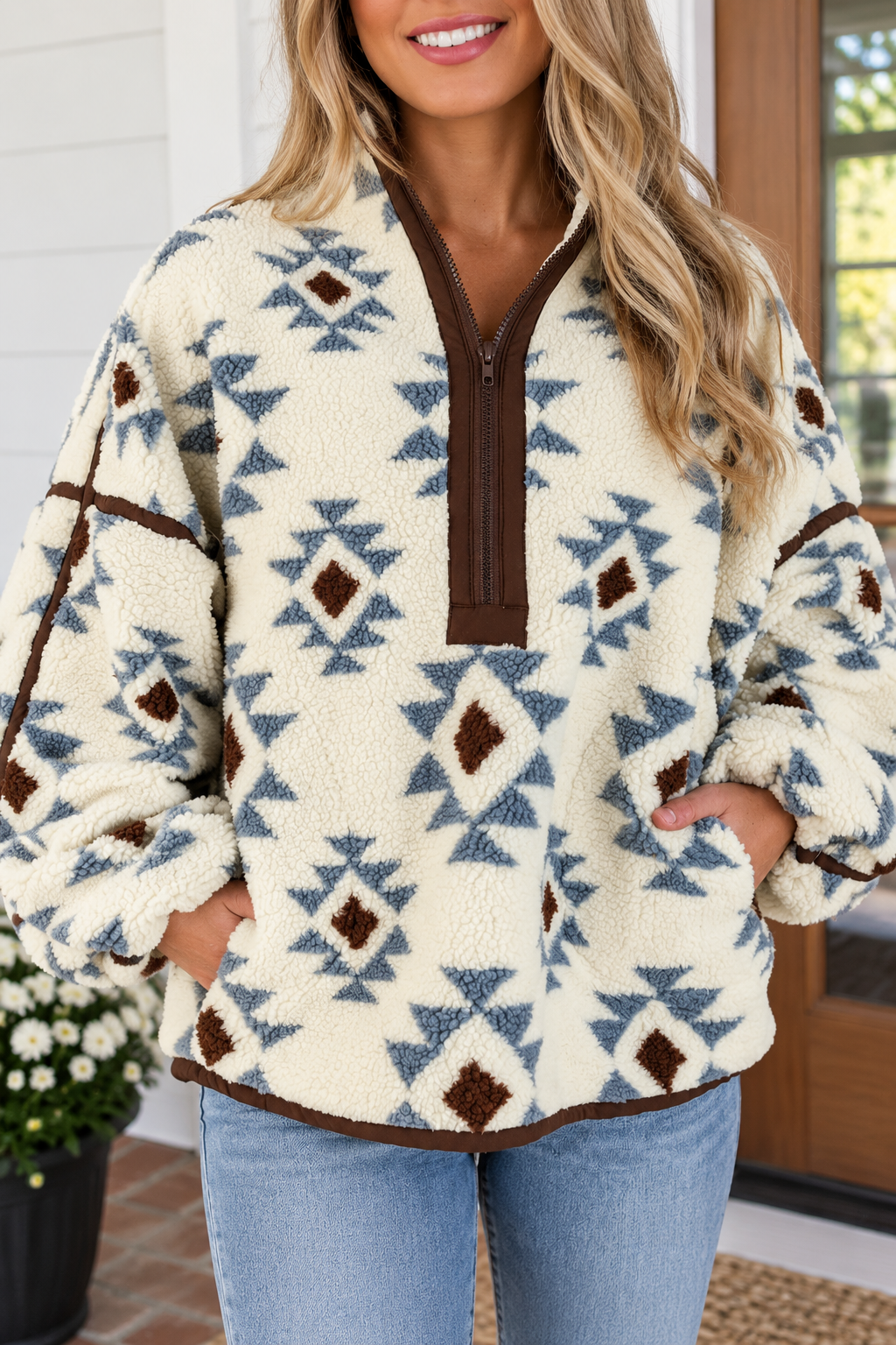 Beige Geometric Western Sweatshirt