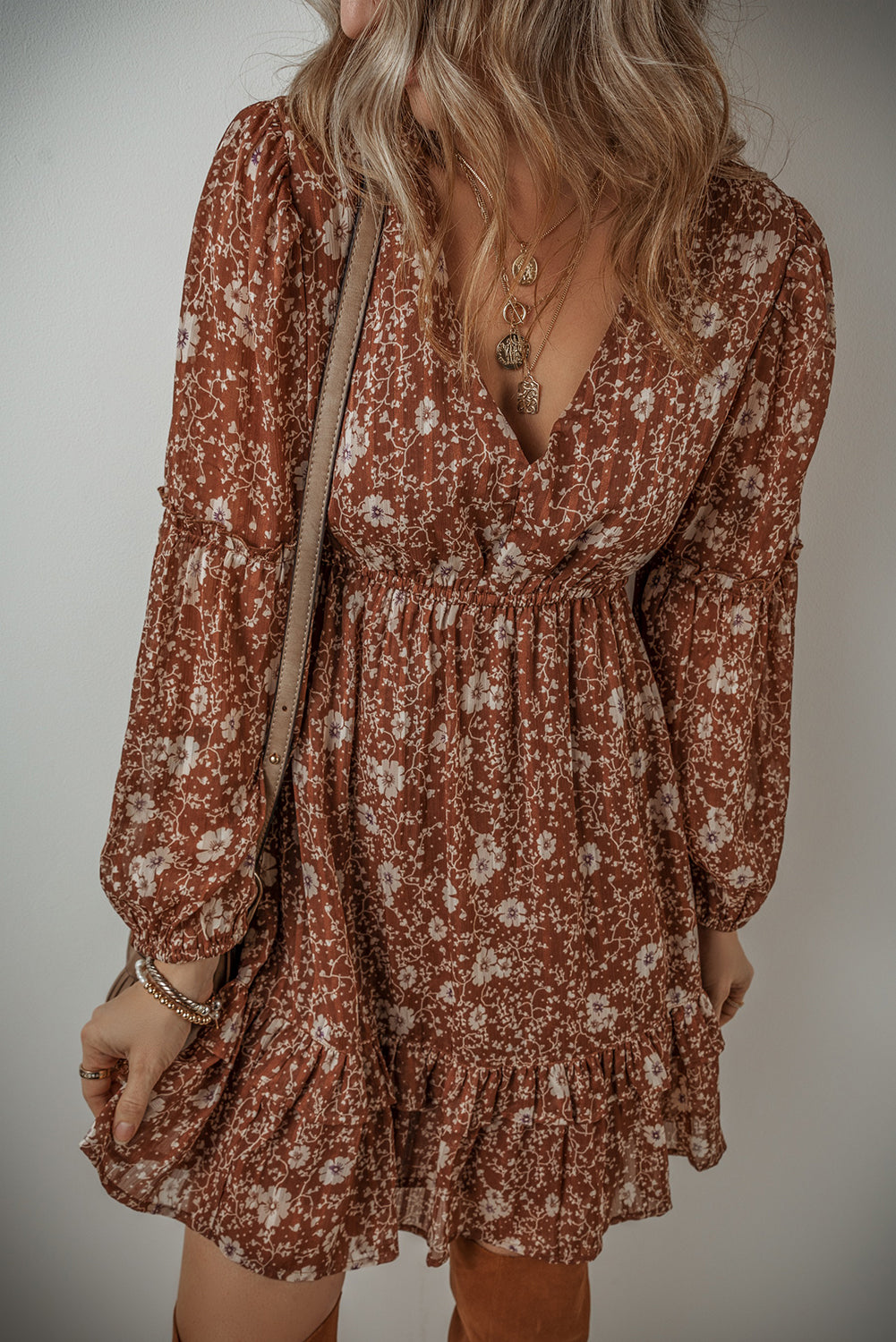 Brown Boho Floral Mini Dress RTS