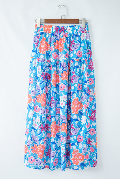 Sky Blue Floral Split Wrap Long Skirt LT