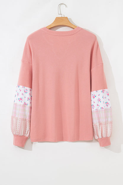 Pink Floral Sleeve Waffle Plus Top LT