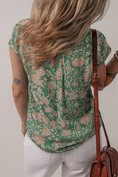 Green Floral Pleated Button Blouse LT