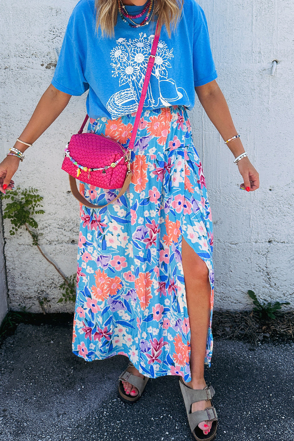 Sky Blue Floral Split Wrap Long Skirt LT