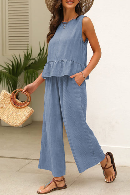 Blue Ribbed Ruffle Tank and Pants Set RTS
