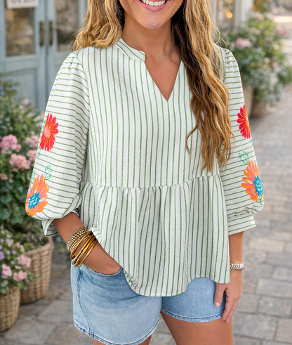 Green Stripe Flower Babydoll Blouse LT