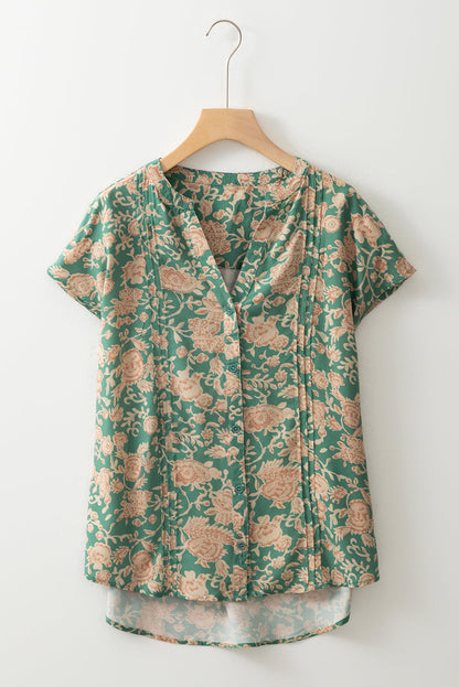 Green Floral Pleated Button Blouse LT