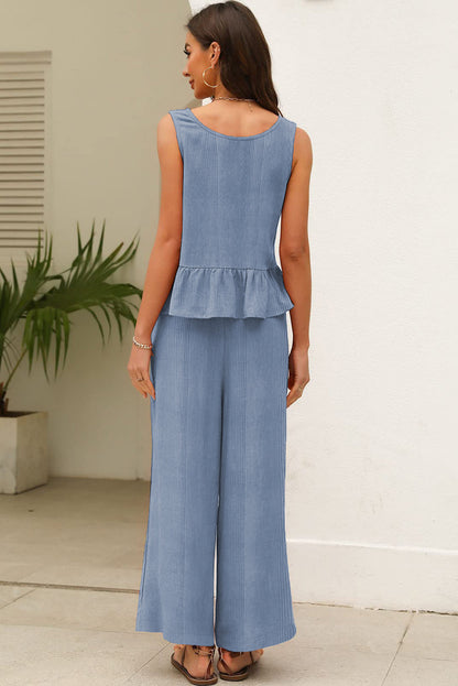 Blue Ribbed Ruffle Tank and Pants Set RTS