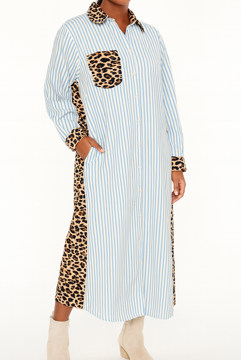 Stripe Leopard Button Dress Slits RTS