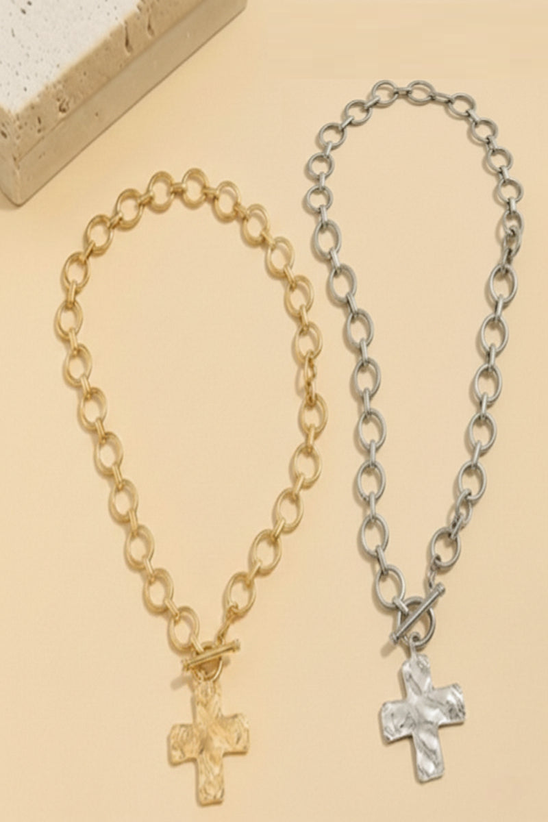 Hammered Cross Toggle Necklace Zenana