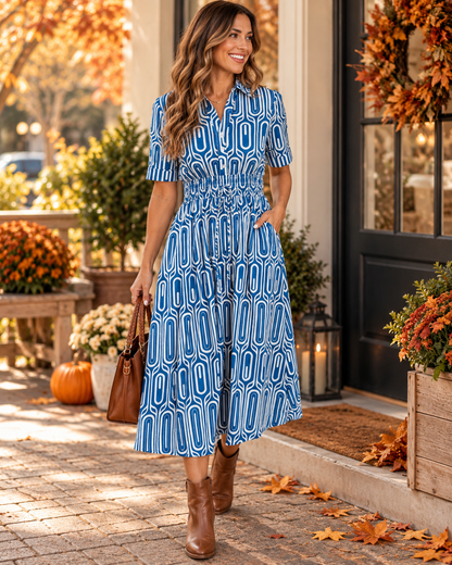 Blue Geometric Drawstring Dress