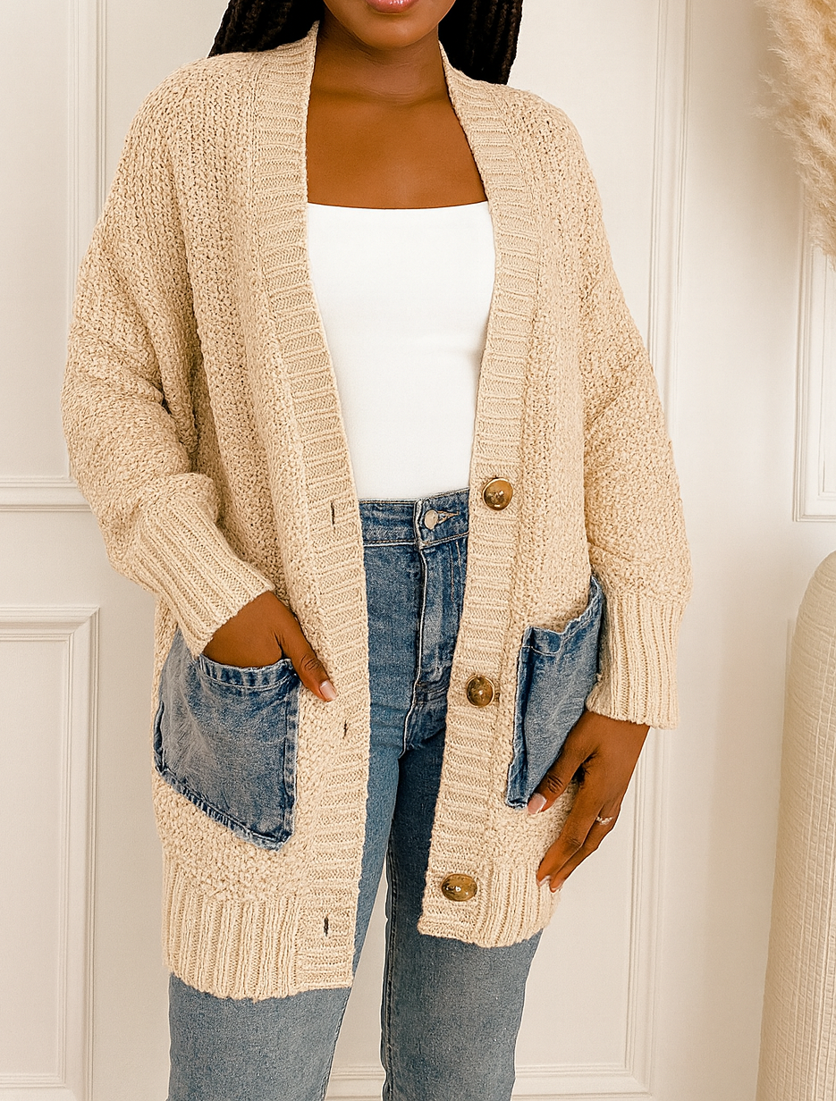 Beige Denim Pocket Cardigan LT