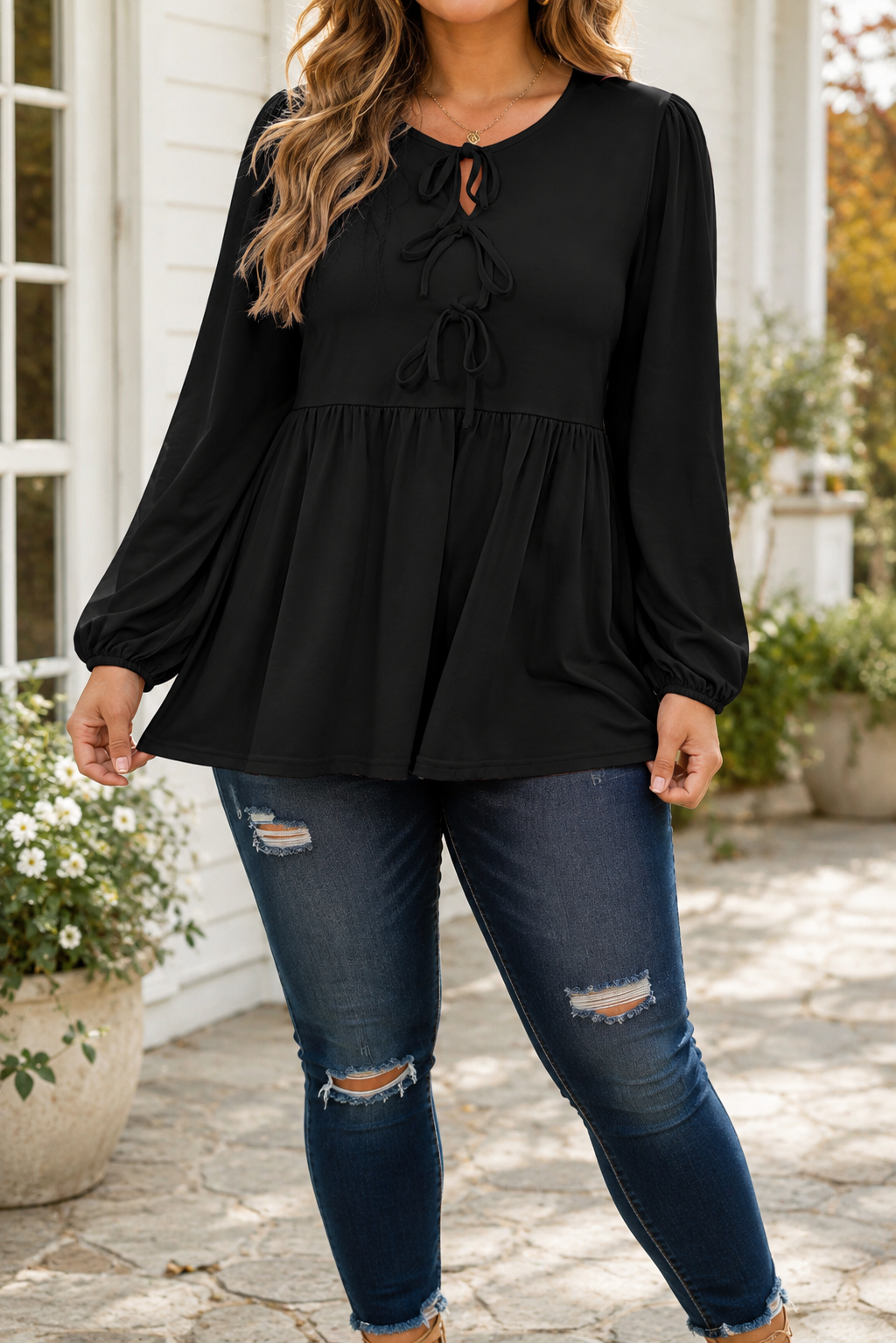 Black Bow Tie Peplum Blouse