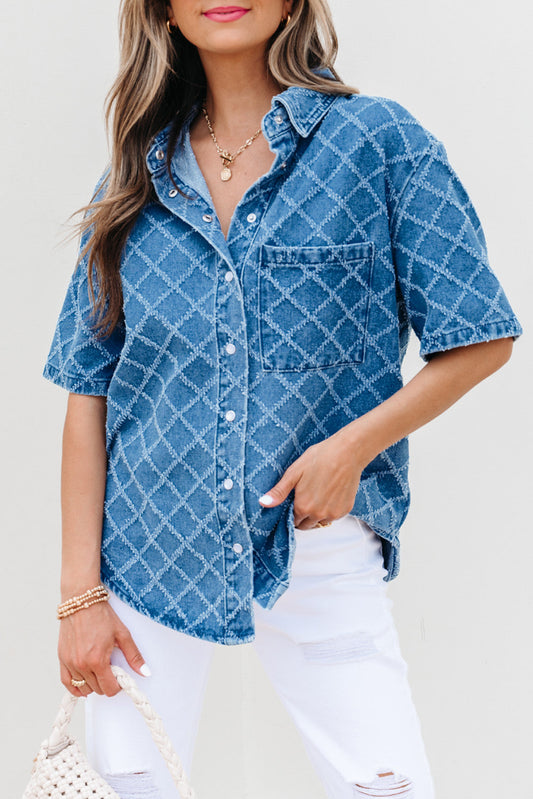 Blue Checkered Textured Denim Top LT