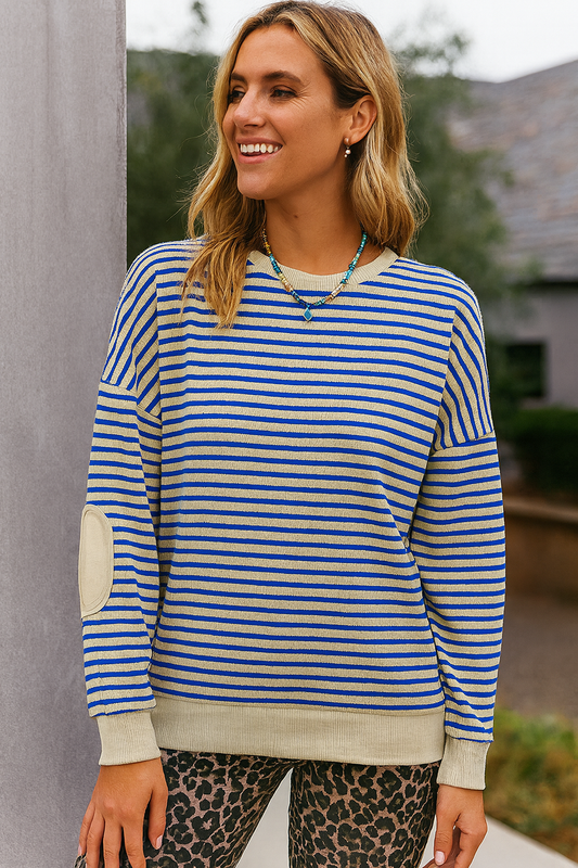 Blue Stripe Textured Elbow Crew October.