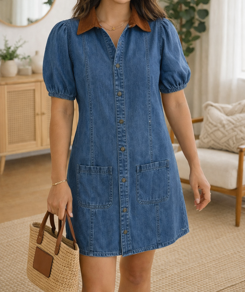 Blue Denim Colorblock Dress