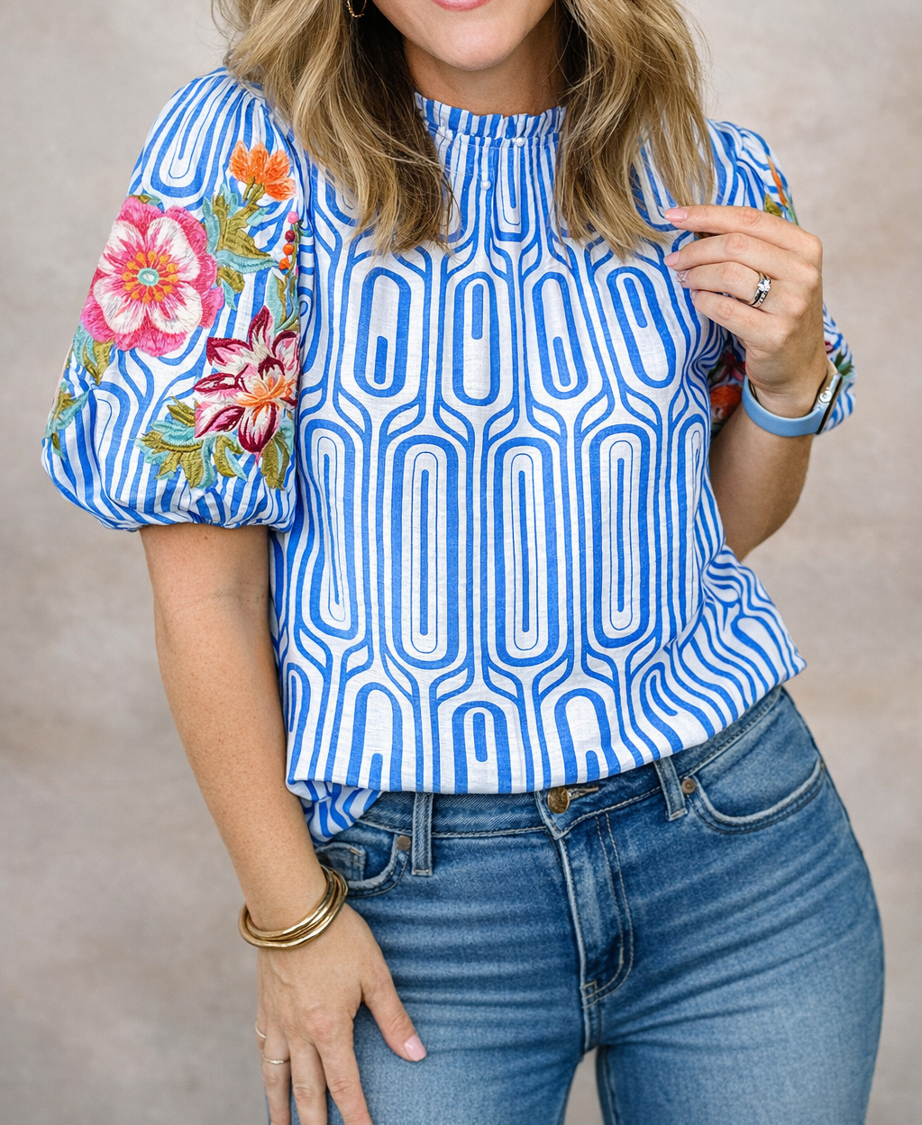 Blue Floral Embroidered Sleeve Blouse RTS
