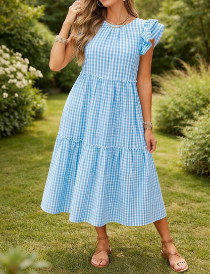 Blue Knot Back Gingham Dress