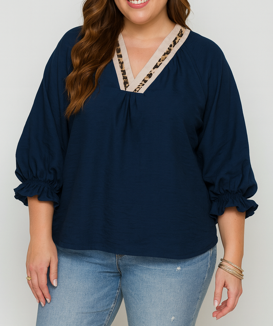 Blue Leopard Trim Blouse LT
