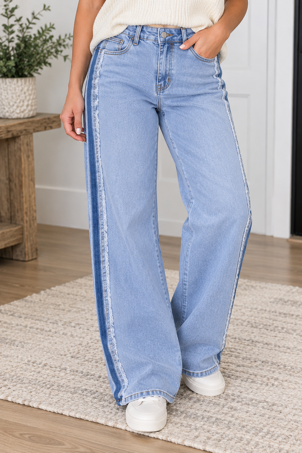 Blue Stripe Frayed Jeans