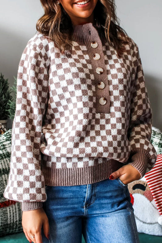 Brown Checkered Knit Sweater LT