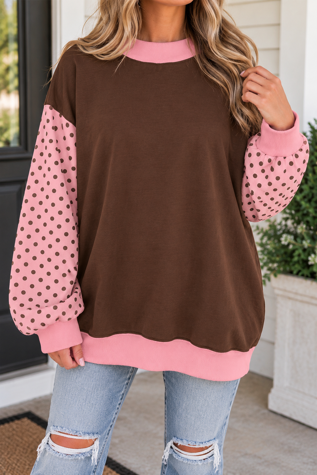 Brown Colorblock Polka Dot Sweatshirt