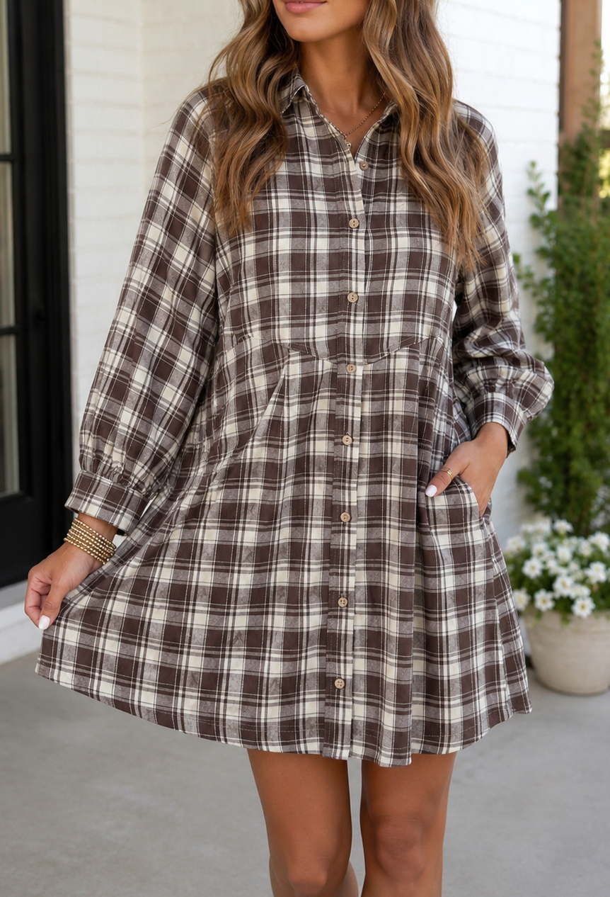 Brown Plaid Mini Dress