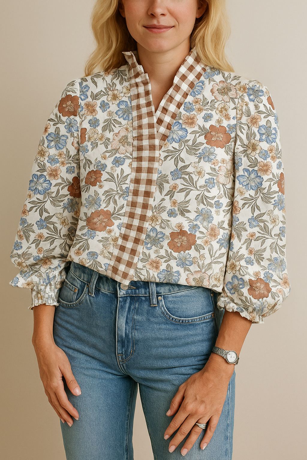 Brown Plaid Trim Floral Blouse RTS