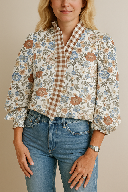 Brown Plaid Trim Floral Blouse RTS