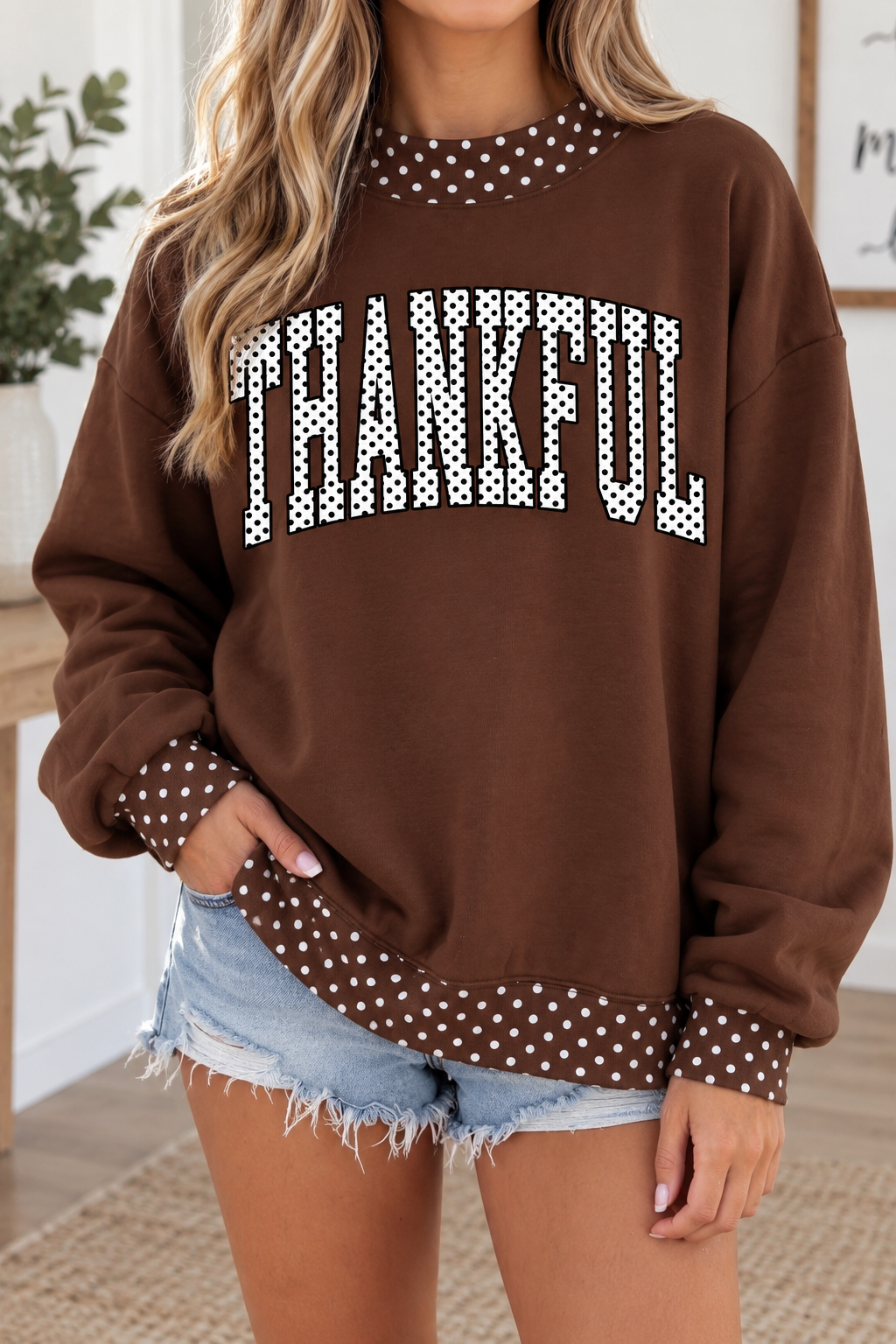 Brown Polka Dot Thankful Sweatshirt RTS