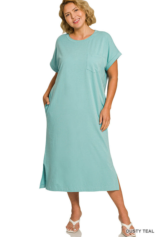 Plus-Round Neck Midi Dress Zenana New RTS