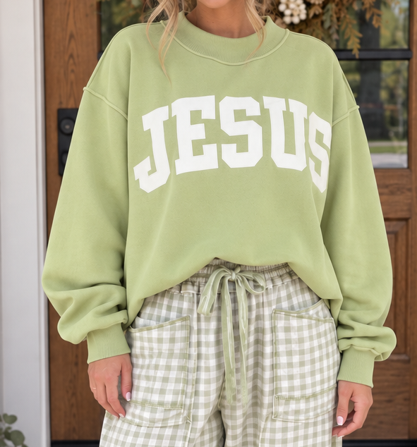 Green JESUS Letter Patch Sweatshirt