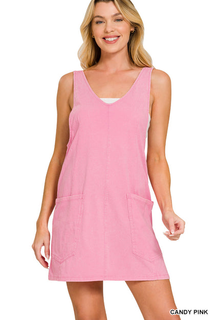 Acid-Washed Overall Mini Dress Zenana