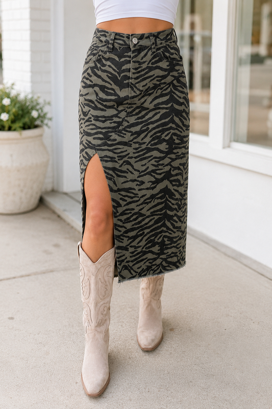 Camo Denim Split Skirt