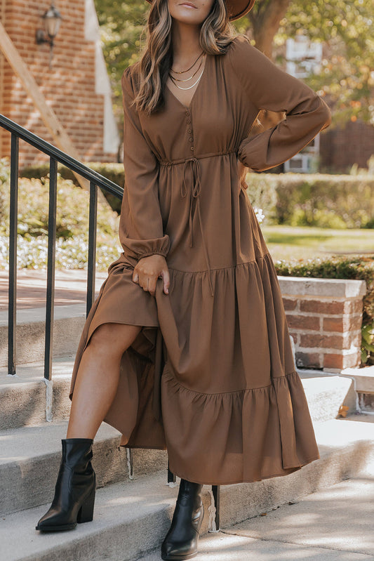 Chestnut Button Tiered Maxi Dress LT