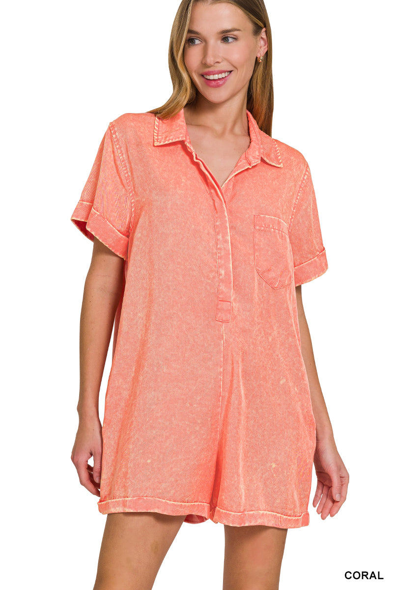 Mineral Wash Half Button Romper Zenana