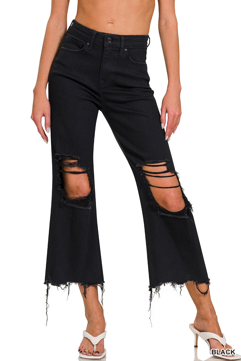 Distressed-Knee Crop Pants Zenana