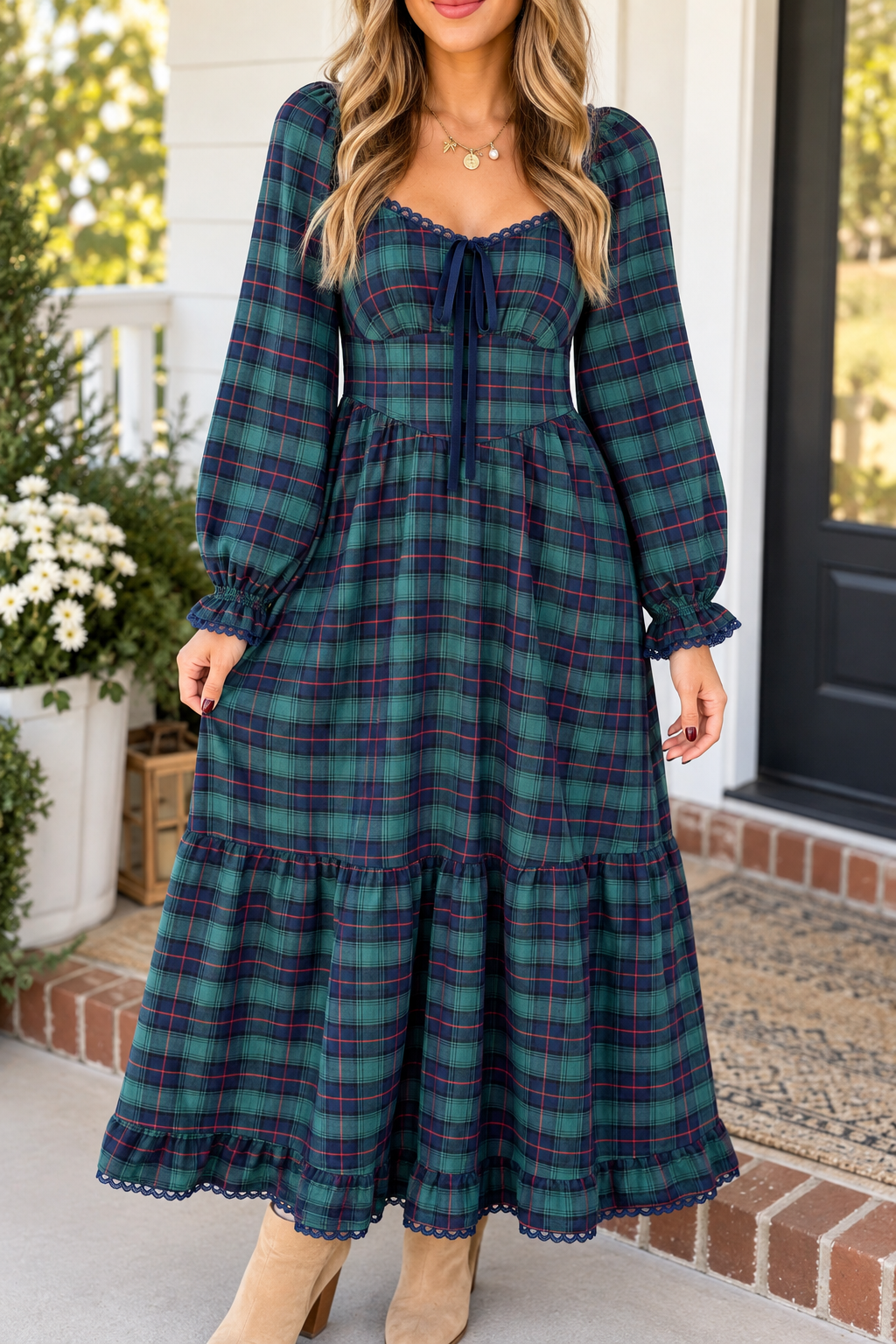 Green Plaid Lace Trim Dress