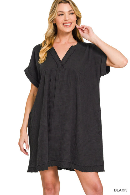 Zenana Double Gauze Raw Edge Dress New RTS