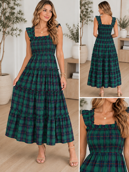 Green Plaid Ruffle Dress RTS