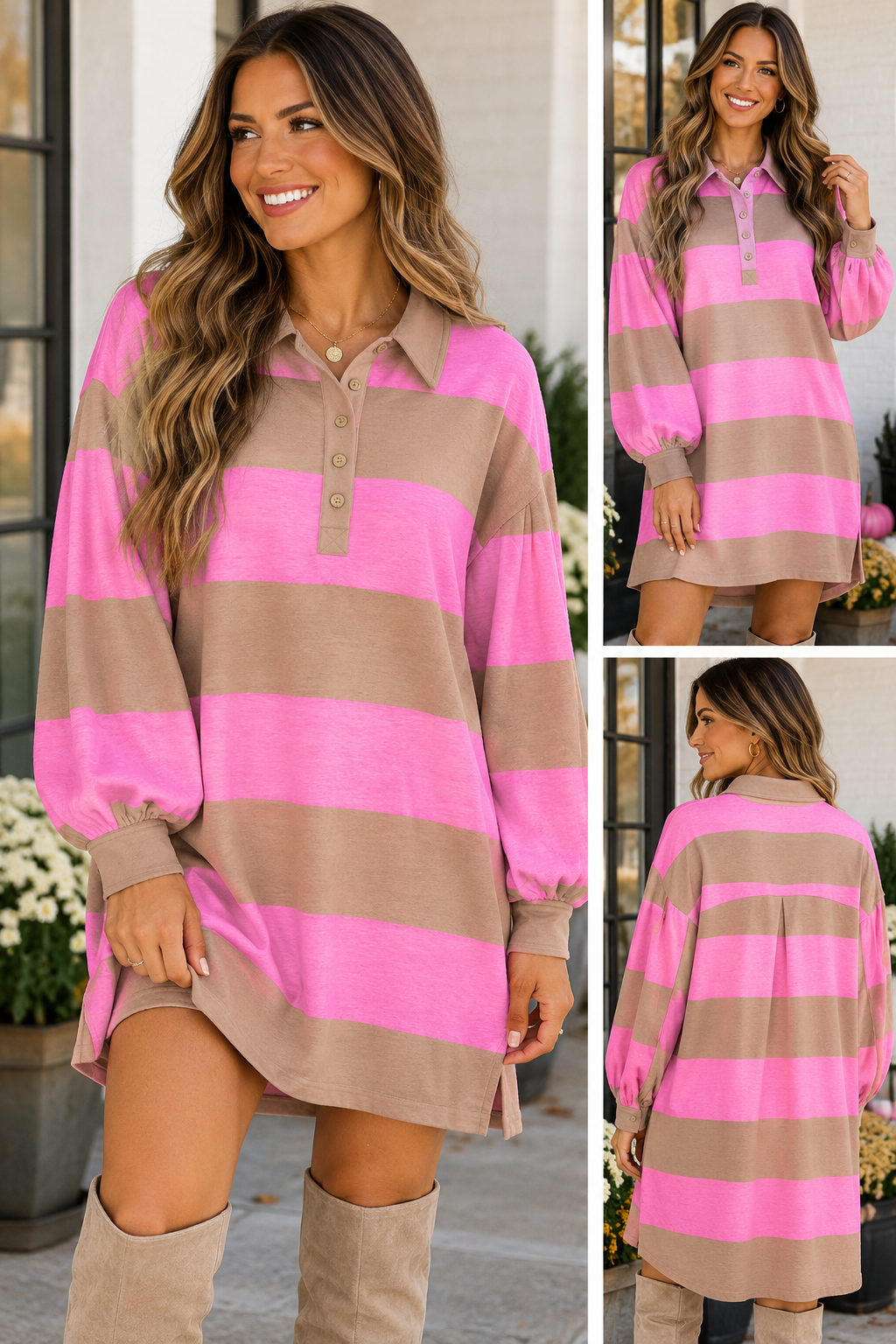 Rose Stripe Button Long Sleeve Dress