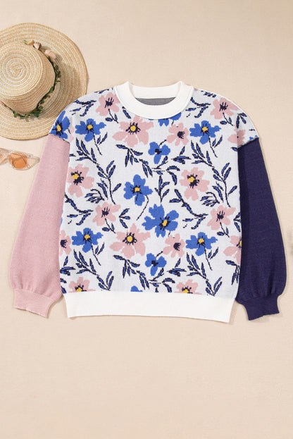 Floral Panel Sleeve Patchwork Sweater LT