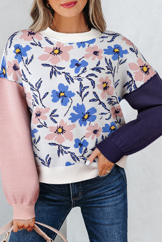 Floral Panel Sleeve Patchwork Sweater LT