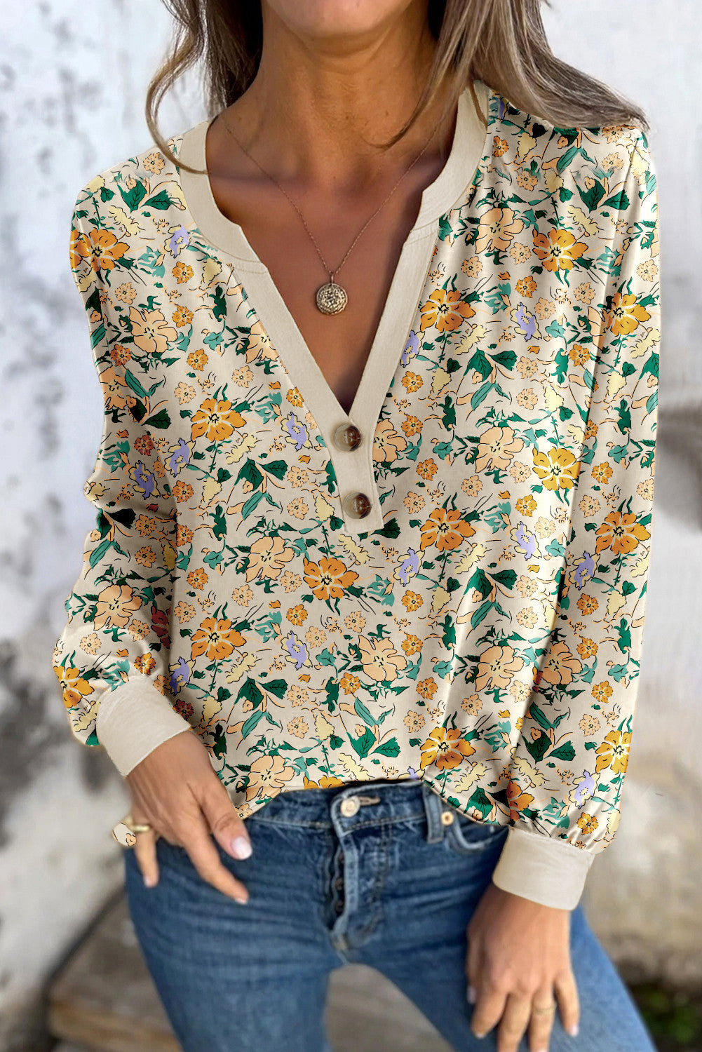 Floral Notched V Neck Top December.