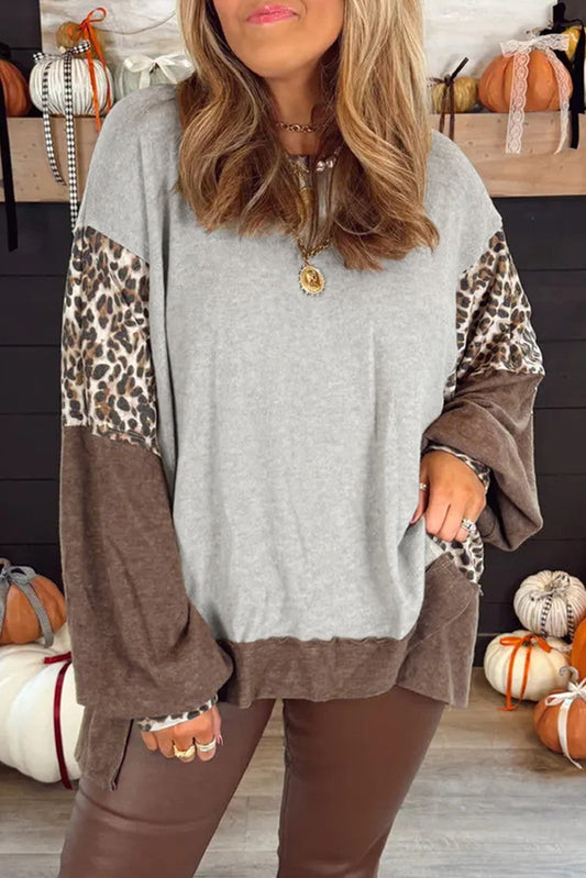Gray Colorblock Leopard Sweatshirt LT