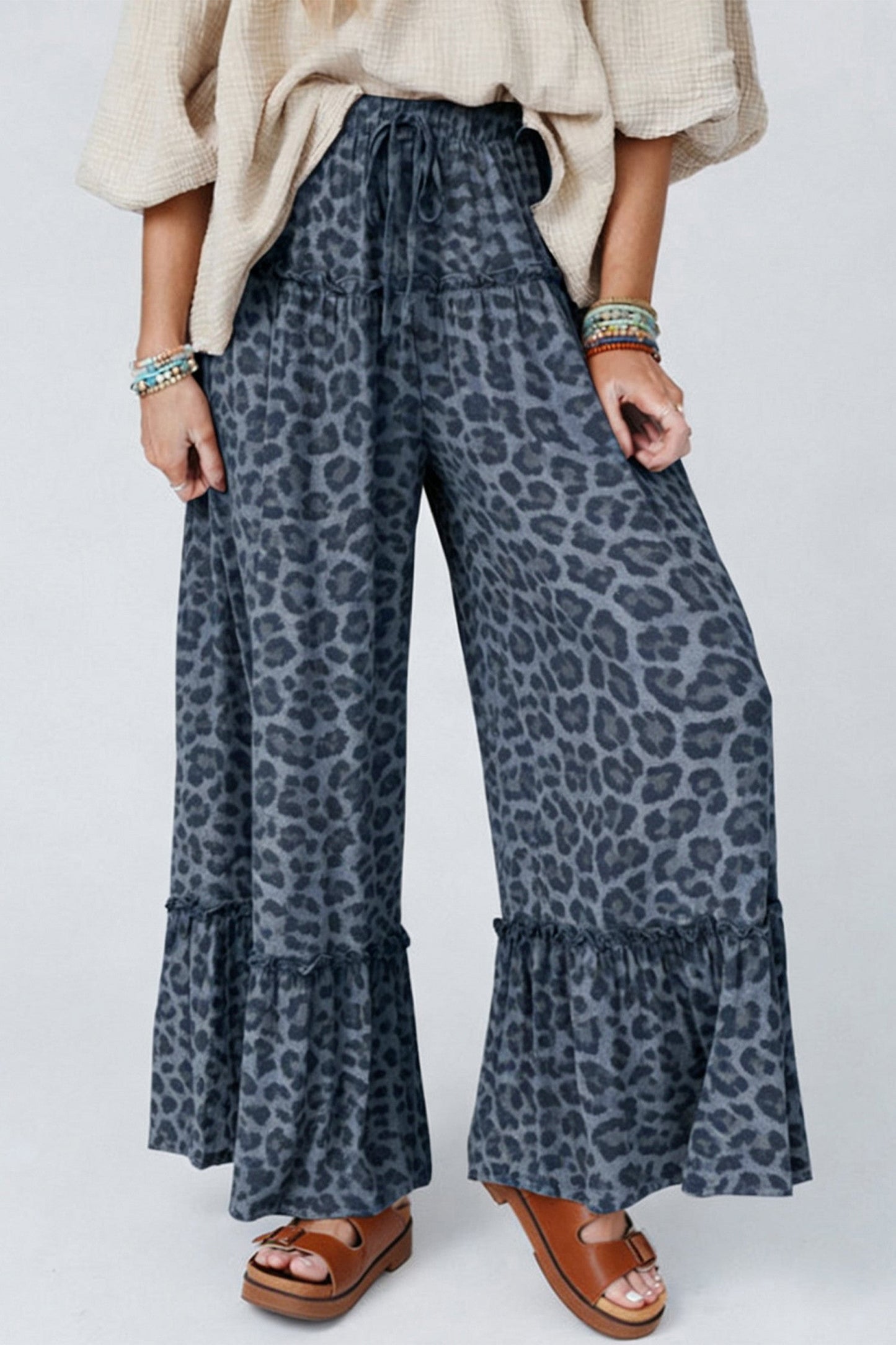 Gray Leopard Frilled Pants