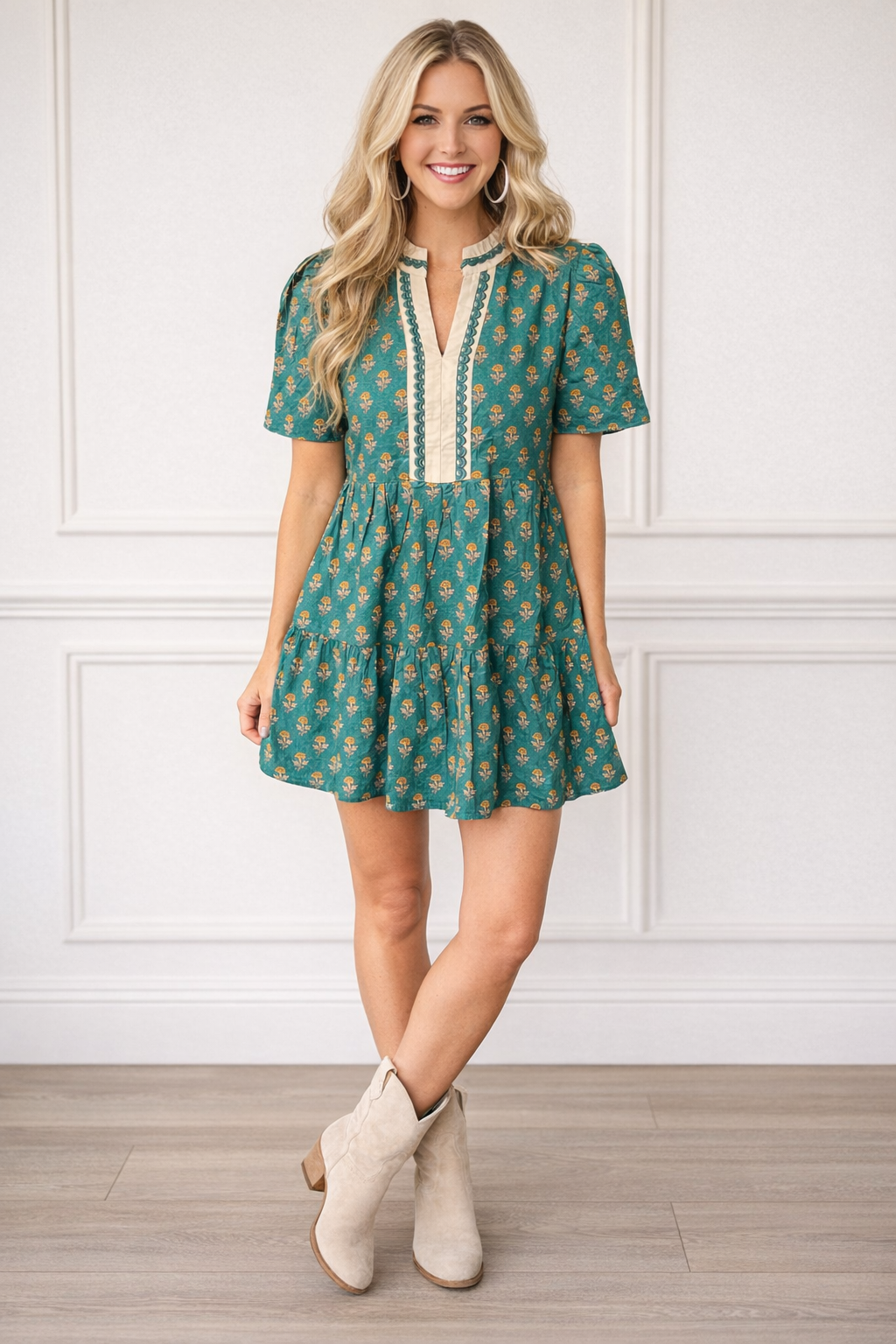 Green Contrast Trim Floral Dress LT