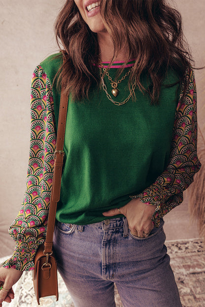 Green Floral Shirred Cuff Top LT