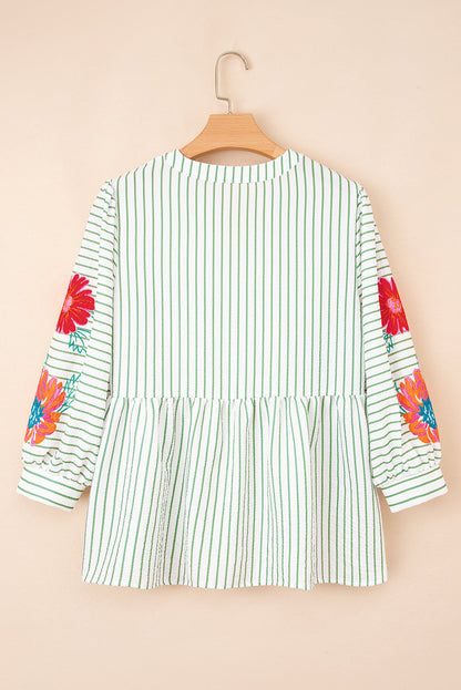Green Stripe Flower Babydoll Blouse LT