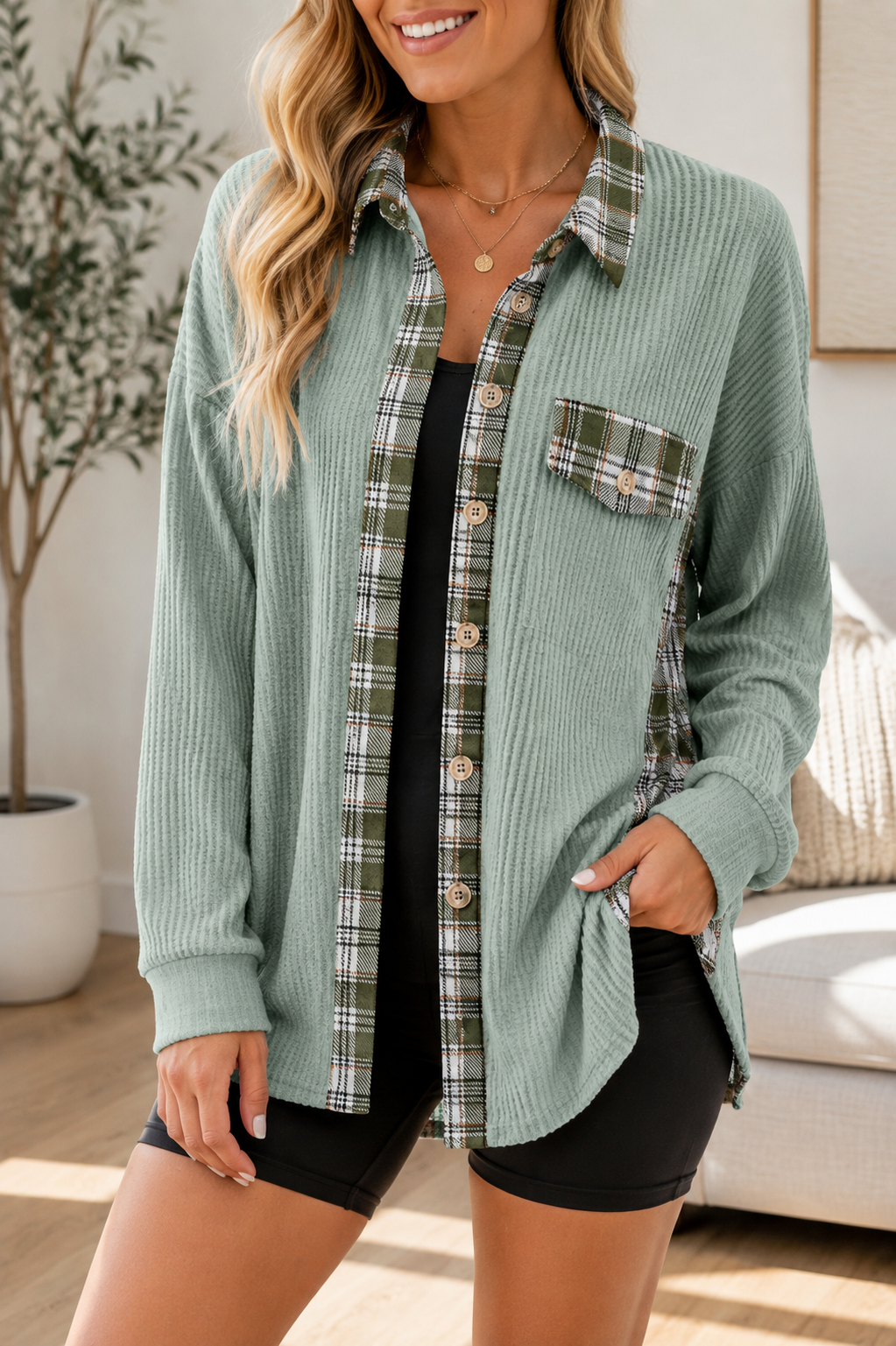 Green Plaid Patchwork Shacket