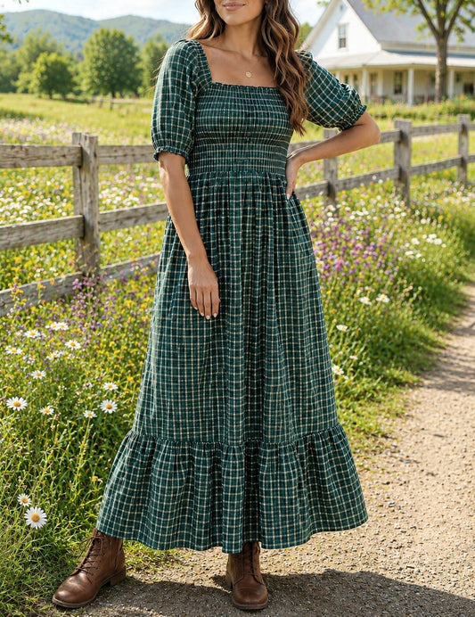 Green Plaid Ruffle Dress